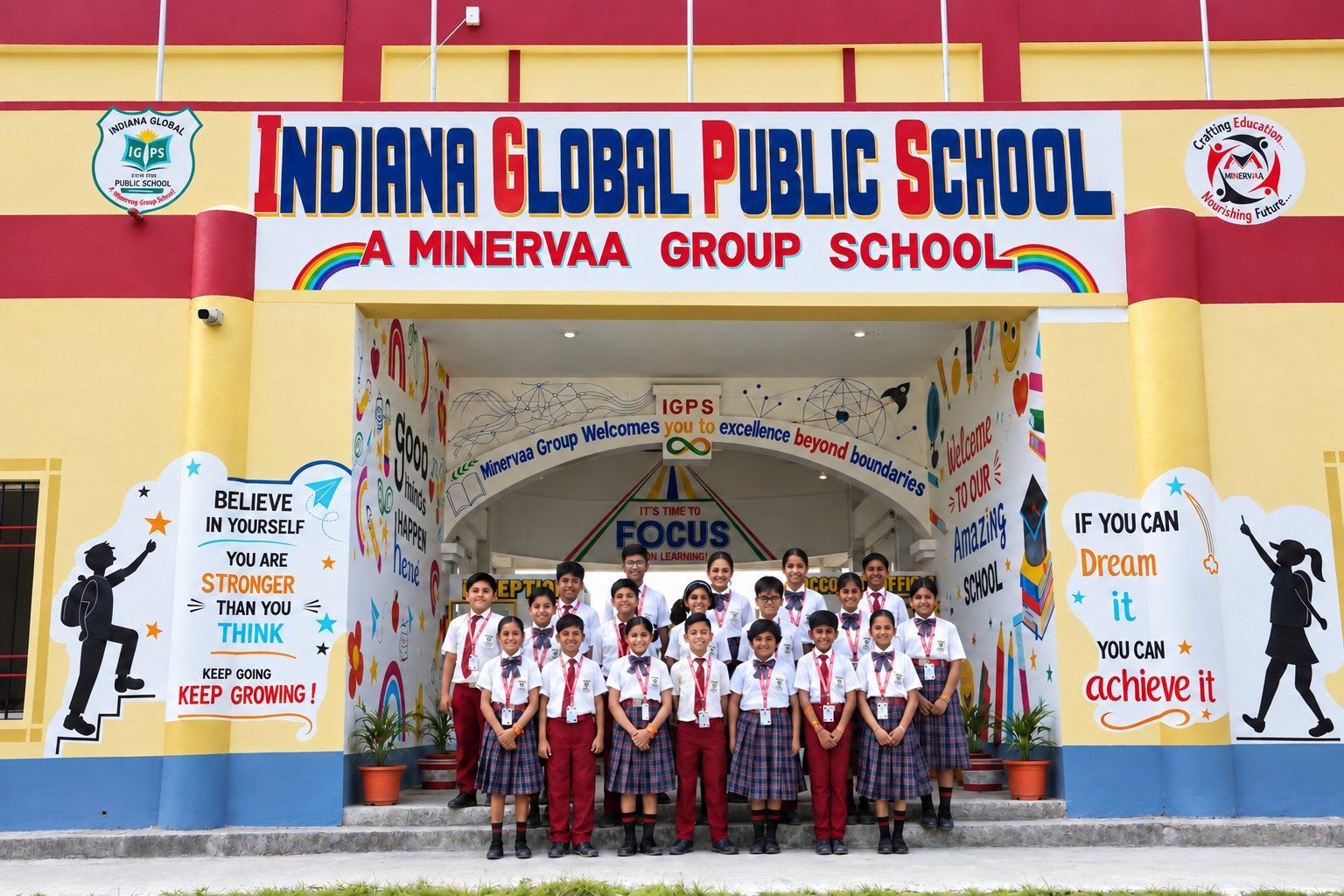 IGPS students in uniform gathered at the school entrance