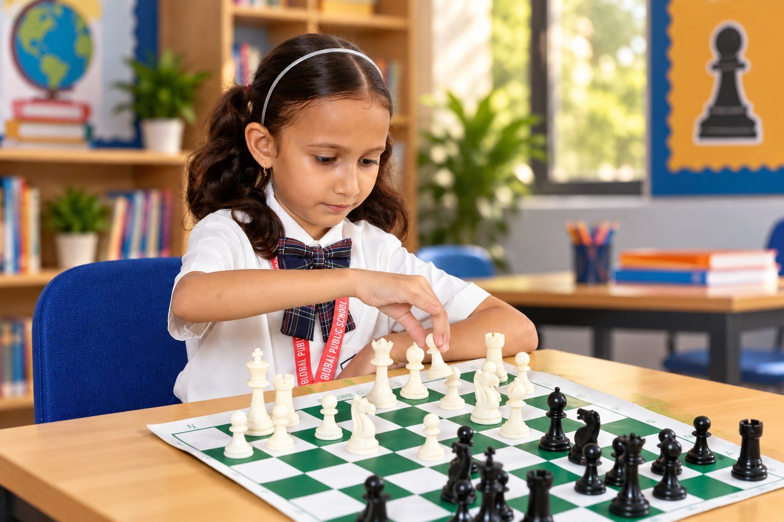 A young student concentrating on a game of chess