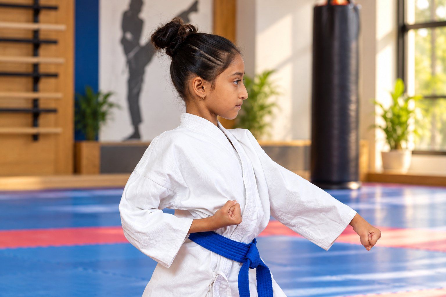 A young student practising karate