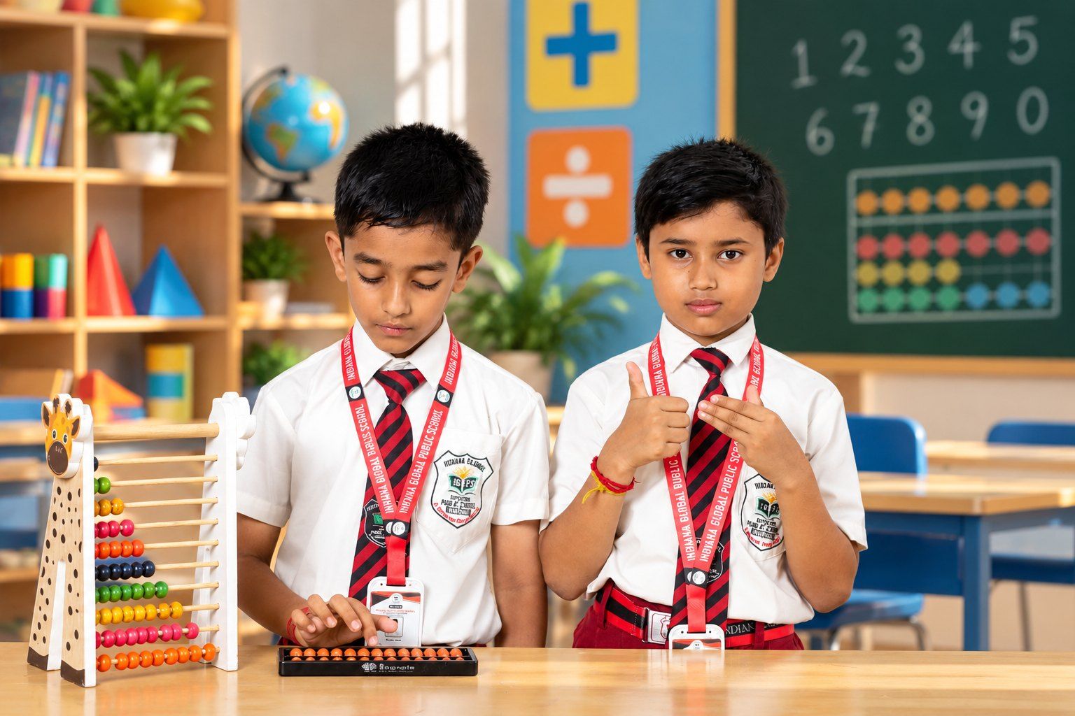 Two students learning with an abacus in the maths classroom