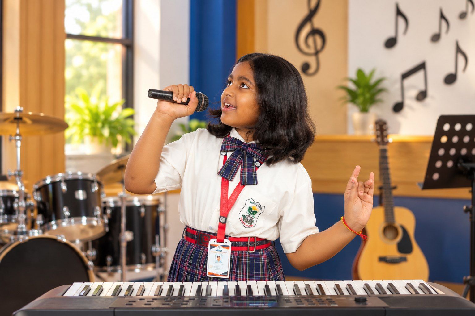 A student singing at the keyboard in the music room